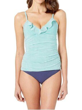 Ralph Lauren Lauren Seersucker Striped Ruffled Underwire Tankini Aqua Size 4 NWT